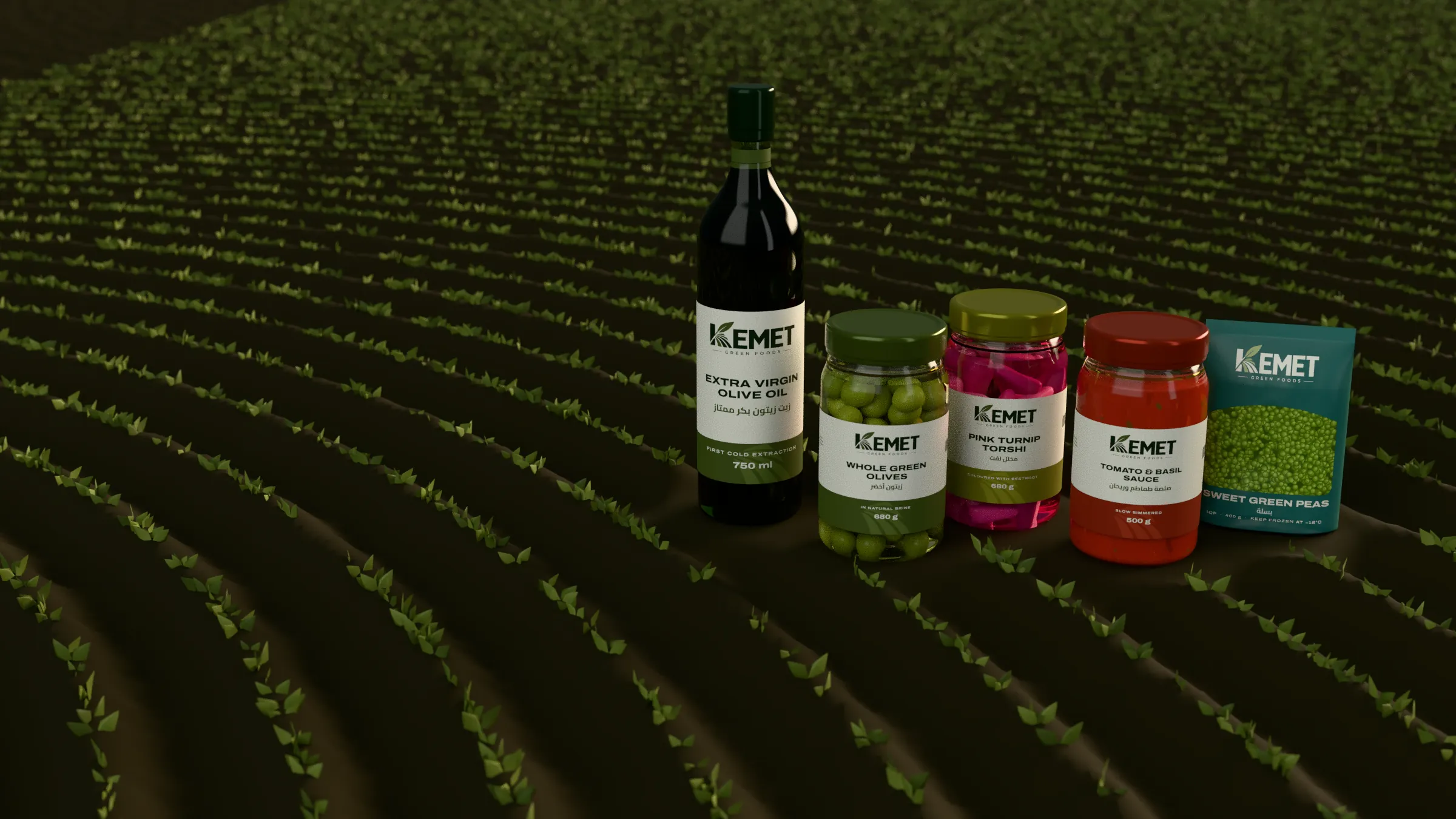 Bottles, jars and a pouch of Kemet Green Foods standing among rows of seedlings on dark ploughed soil.