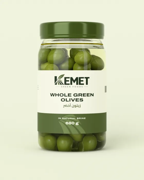 Whole green olives jar with an olive lid