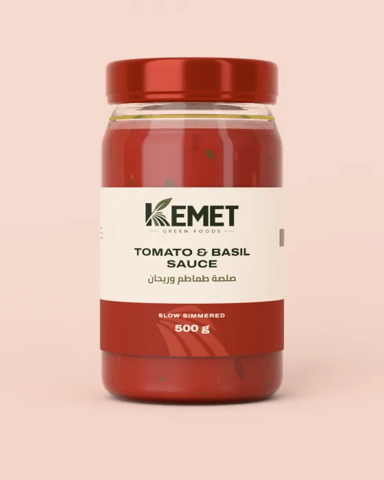 Tomato and basil sauce jar with a red lid